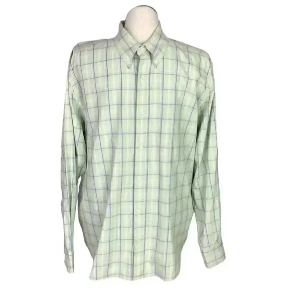 Eddie Bauer Men XL Plaid Poinpoint Oxford Button Down Shirt Cotton Pocket Green - Picture 2 of 7